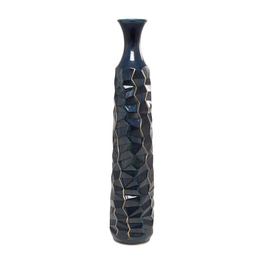 Teal Ceramic Tall Geometric Floor Vase with Gold Accents